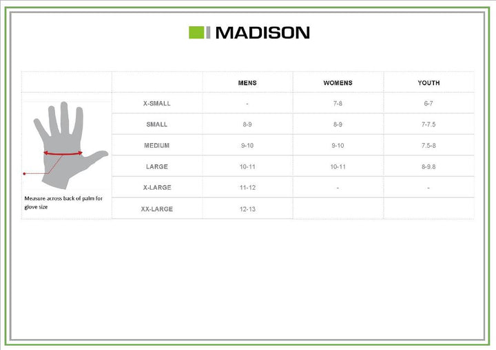 Madison Glove Size Chart Jan 2018